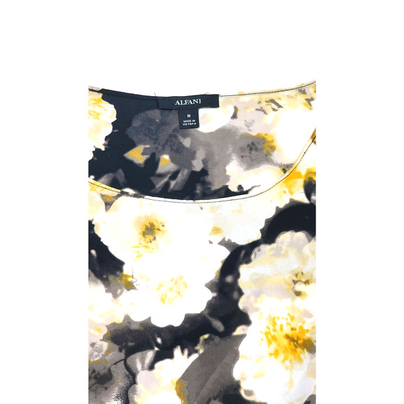 Alfani yellow black floral long sleeve ruffle blouse women's medium v hem - Picture 2 of 7